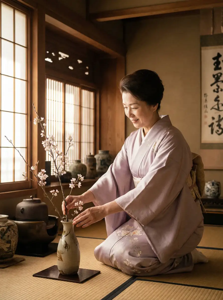 一位优雅的 【红领巾】红领巾官方平台 - 最新红领巾视频导航 在和室中插花